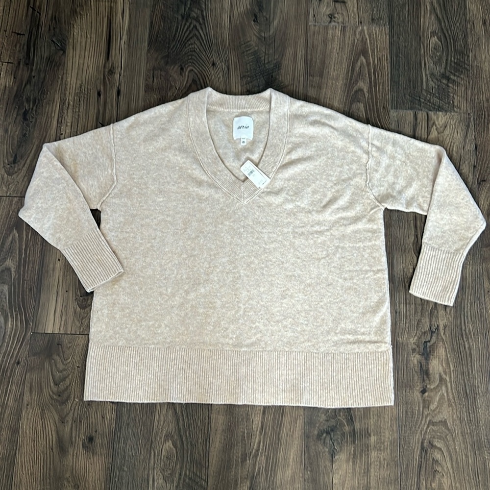 AERIE SUPER SOFT V NECK OVERSIZED EVERYDAY SWEATER IN OAT COLOR SIZE SMALL